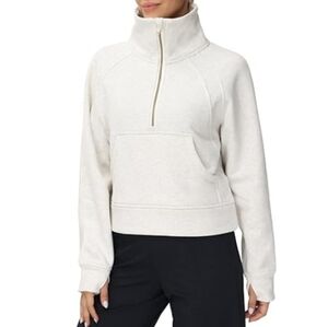 Half Zip Pullover Fleece Stand Collar Crop Sweatshirt with Pockets White